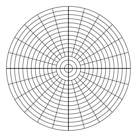 Polar coordinate circular grid isolated on white background. 360 degrees scale. Blank polar graph paper. Vector illustration. Mathematical graph. Lined blank on transparent backgroundのイラスト素材