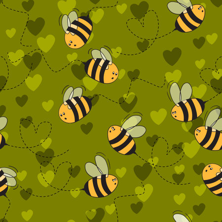 Seamless pattern with bees and hearts on color background. Small wasp. Vector illustration. Adorable cartoon character. Template design for invitation, cards, textile, fabric. Doodle style.のイラスト素材