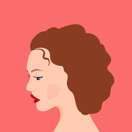 Portrait of a fashion woman. The head in profile of a European brunette woman. Face of girl. Flat design for for landing page, banner, social Media Avatar. Color vector illustrationのイラスト素材
