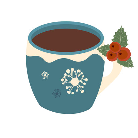 The with Christmas tree with landscape, cup, candles, snowflakes. Winter illustration for fabric, textile wallpaper, posters, gift wrapping paper. Merry Christmas and New year Vectorのイラスト素材