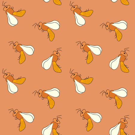 Seamless pattern with bees on color background. Small wasp. Vector illustration. Adorable cartoon character. Template design for invitation, cards, textile, fabric. Doodle styleのイラスト素材