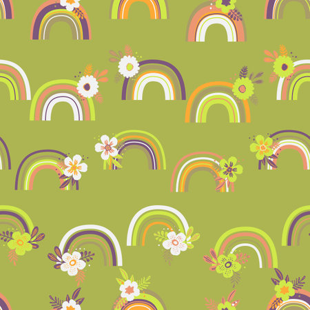 Trendy seamless pattern with colorful rainbow on color background. Design for invitation, poster, card, fabric, textile, fabric. Cute holiday illustration for baby. Scandinavian doodle styleのイラスト素材