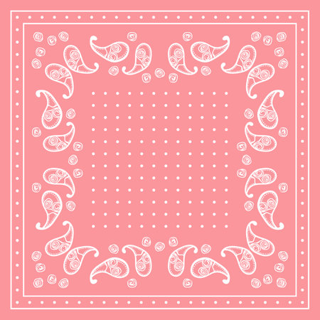 Print for kerchief, bandana, scarf, handkerchief, shawl, neck scarf. Squared pattern with ornament for fabric, textile, silk products. Paisley vector with abstract flowers. Floral folk traceryのイラスト素材