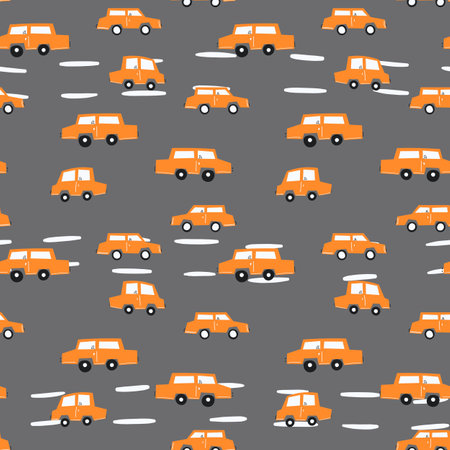 Seamless pattern with cute car on color background. Cartoot transport. Vector illustration. Doodle style. Design for baby print, invitation, poster, card, fabric, textileのイラスト素材