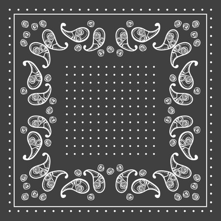 Print for kerchief, bandana, scarf, handkerchief, shawl, neck scarf. Squared pattern with ornament for fabric, textile, silk products. Paisley vector with abstract flowers. Floral folk traceryのイラスト素材
