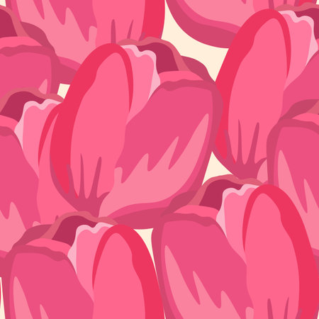 Seamless floral pattern with pink tulips. Cartoon style. Design for fabric, textile, paper. Spring colorful vector illustration, fowers with leaves. Holiday print for Birthday, 8 marchのイラスト素材