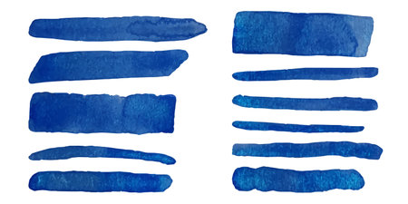 Blue watercolor brush strokes. Abstract grunge color paint textures. Banner art collection. Multicolored aquarelle stains border templateのイラスト素材