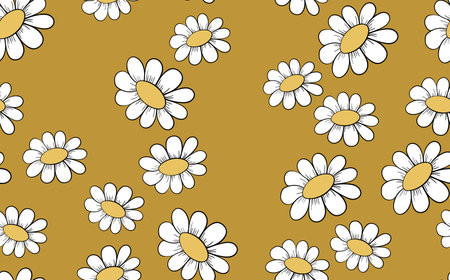 Seamless floral pattern based on traditional folk art ornaments. Colorful chamomile, daisy flowers on color background. Doodle style. Vector illustration. Simple minimalistic patternのイラスト素材
