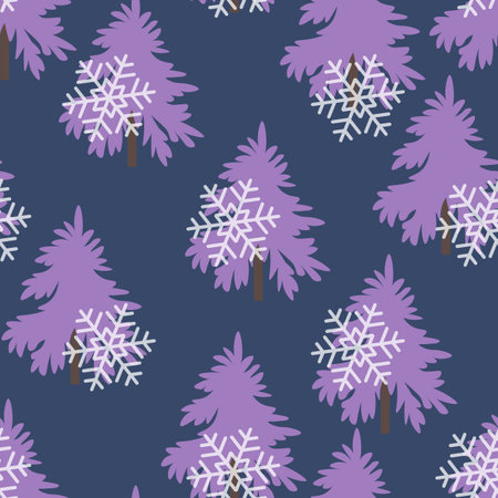Winter seamless pattern with Christmas tree and snowflakes on color background. Vector illustration...