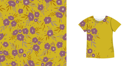 T-shirt with floral pattern. Women jersey, sport uniform kit, short fashion top, round neck blouse. Sketch Illustration. Template mock upのイラスト素材