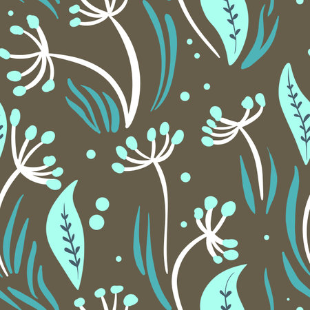 Seamless floral pattern based on traditional folk art ornaments. Colorful flowers on color background. Scandinavian style. Sweden nordic style. Vector illustration. Simple minimalistic patternのイラスト素材