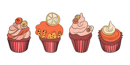 Muffin cake, sweet cupcake with cream, delicious pastries. Modern vector illustration, logo for cafe, restaurant, pastry shop. Dessert icon. Symbol for a candy barのイラスト素材