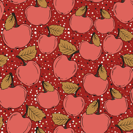 Seamless pattern with apple on color background. Natural delicious fresh ripe tasty fruit. Vector illustration for print, fabric, textile, banner, design. Stylized apples with leaves. Food conceptのイラスト素材