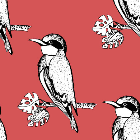 Seamless pattern with funny birds, flowers, leaves. Flat vector illustration with cartoon bird silhouette. Cute characters. Design for invitation, poster, card, textile, fabricのイラスト素材