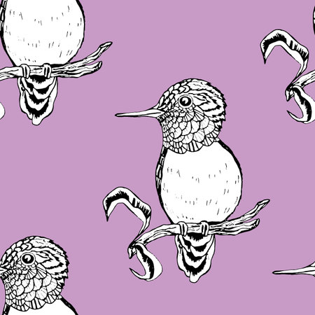 Seamless pattern with funny birds, flowers, leaves. Flat vector illustration with cartoon bird silhouette. Cute characters. Design for invitation, poster, card, textile, fabricのイラスト素材