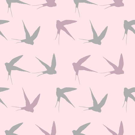 Seamless pattern with swallow silhouette on color background. Cute bird in flight. Vector illustration. Doodle style. Design for invitation, poster, card, fabric, textileのイラスト素材
