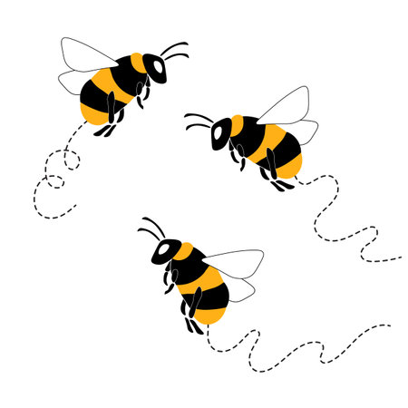 Cartoon bee mascot. A small bees flies. Wasp collection. Vector characters. Incest icon. Template design for invitation, cards. Doodle styleのイラスト素材