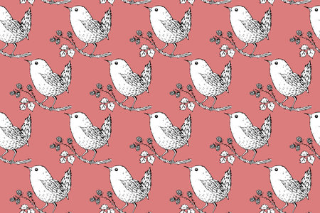 Seamless pattern with funny birds, flowers, leaves. Flat vector illustration with cartoon bird...