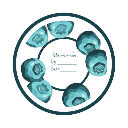 Template jam label design. Retro homemade label. Blueberry marmalade dessert product. Doodle vector illustrationのイラスト素材