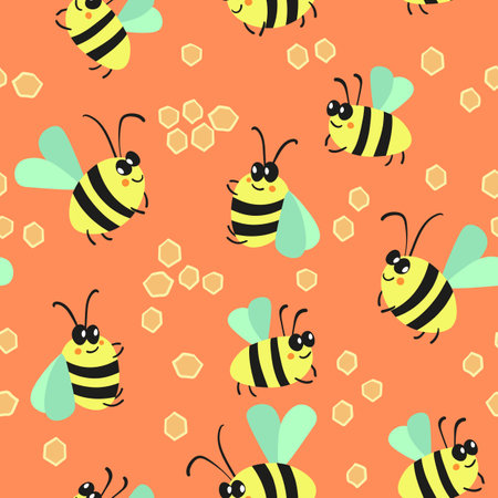 Seamless pattern with bees on color background. Small wasp. Vector illustration. Adorable cartoon character. Template design for invitation, cards, textile, fabric. Doodle styleのイラスト素材