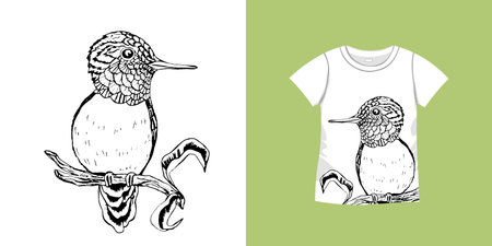 T-shirt with bird pattern. Women jersey, sport uniform kit, short fashion top, round neck blouse. Sketch Illustration. Template mock upのイラスト素材
