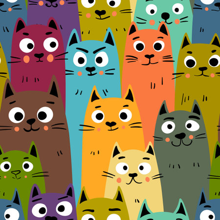 Seamless pattern with cute kitten print. Different scandy cats on color background. Scandinavian style illustration for kids. Vector illustration for fabric, textile, wallpaper, home clothing, pajamaのイラスト素材