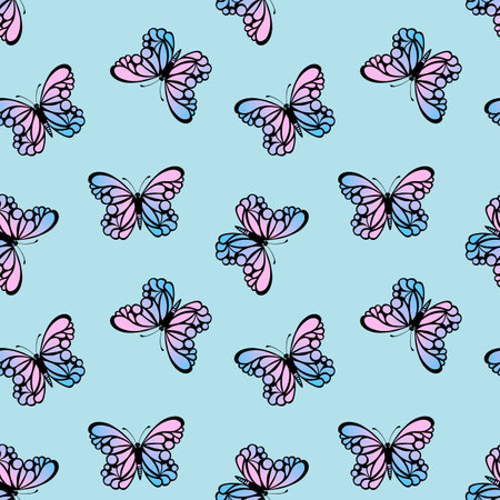 Seamless pattern with funny colorful Butterflies, flowers. Color flat vector illustration for invitation, poster, card, textile, fabric. Butterfly graphic design print. Trendy animal motif wallpaperのイラスト素材