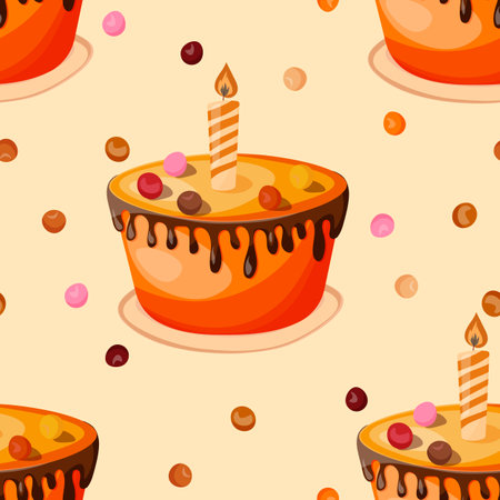 Holiday cooking seamless pattern. Cupcake, cake, sweet pastry, cupcake with colored icing and colorful details. Food concept. Realistic vector illustration, design for print, fabric, textileのイラスト素材