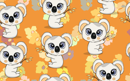 Seamless pattern with cute koala baby on color background. Funny australian animals. Card, postcards for kids. Flat vector illustration for fabric, textile, wallpaper, poster, paperのイラスト素材