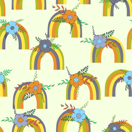 Trendy seamless pattern with colorful rainbow on color background. Design for invitation, poster, card, fabric, textile, fabric. Cute holiday illustration for baby. Scandinavian doodle styleのイラスト素材