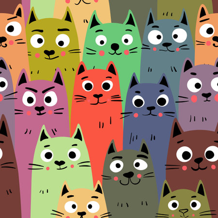 Seamless pattern with cute kitten print. Different scandy cats on color background. Scandinavian style illustration for kids. Vector illustration for fabric, textile, wallpaper, home clothing, pajamaのイラスト素材