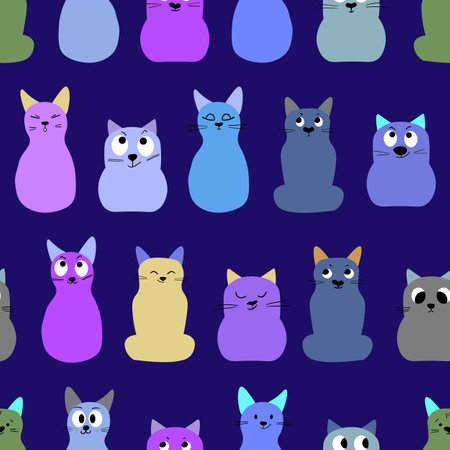 Seamless pattern with cute kitten print. Different scandy cats on color background. Scandinavian style illustration for kids. Vector illustration for fabric, textile, wallpaper, home clothing, pajamaのイラスト素材