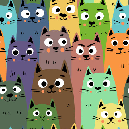 Seamless pattern with cute kitten print. Different scandy cats on color background. Scandinavian style illustration for kids. Vector illustration for fabric, textile, wallpaper, home clothing, pajamaのイラスト素材