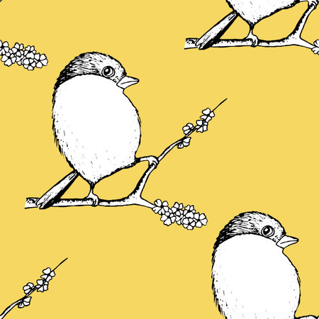 Seamless pattern with funny birds, flowers, leaves. Flat vector illustration with cartoon bird silhouette. Cute characters. Design for invitation, poster, card, textile, fabricのイラスト素材