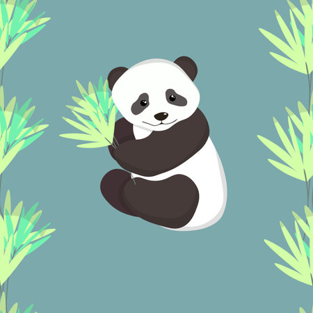 Seamless pattern with cute panda baby on color background. Funny asian animals. Card, postcards for kids. Flat vector illustration for fabric, textile, wallpaper, poster, gift wrapping paperのイラスト素材