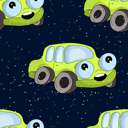 Seamless pattern with cute car on color background. Cartoot transport. Vector illustration. Doodle style. Design for baby print, invitation, poster, card, fabric, textileのイラスト素材