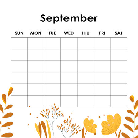 September. Calendar planner. Corporate week. Template layout, 12 months yearly, white background. Simple design for business brochure, flyer, print media, advertisement. Week starts from Mondayのイラスト素材