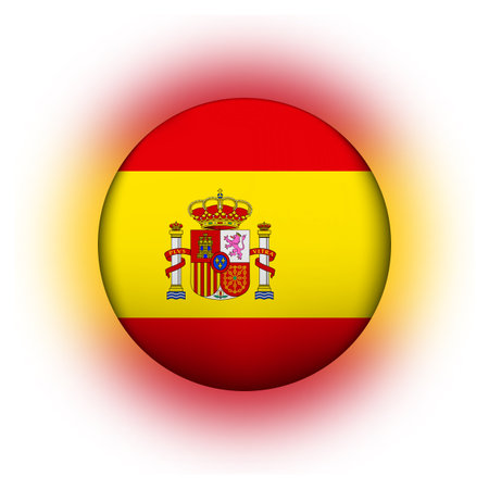 Glass light ball with flag of Spain. Round sphere, template icon. Spanish national symbol. Glossy realistic ball, 3D abstract vector illustration highlighted on a white background. Big bubbleのイラスト素材