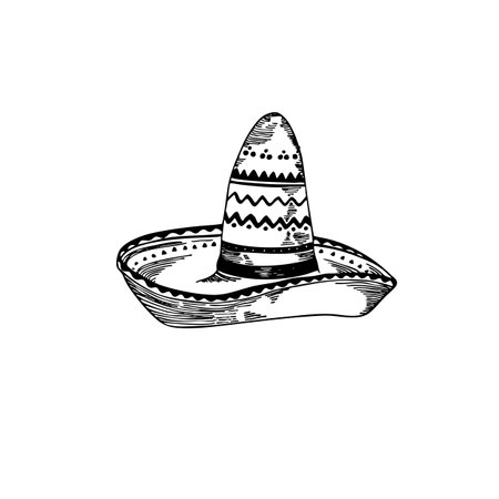 Mexican ethnic sombrero hat isolated element. Vector drawing illustration for icon, game, packaging, banner. Wild west, Mexico concept. Traditional Mexican wide brimmed hatのイラスト素材