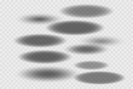 Different realistic round shadow, soft shapes on transparent background. Gray circular and ellipse shadows set. Vector illustrationのイラスト素材