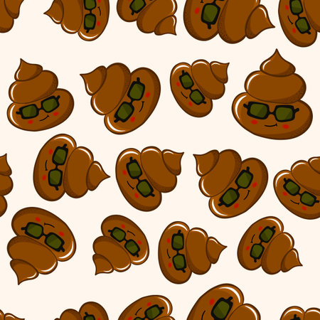 Seamless pattern with kawaii poop on white background. Cartoon poo, feces icons. Shit patterns, evil turd. Vector illustration for invitation, poster, card, fabric, textile. Doodle styleのイラスト素材