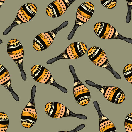 Seamless pattern with Cuban or Mexican maracas. Musical instrument. Wild West, Mexico concept. Vector drawing background for textile, wallpaper, packaging, fabricのイラスト素材