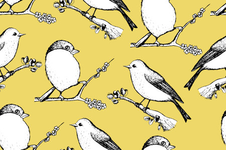 Seamless pattern with funny birds, flowers, leaves. Flat vector illustration with cartoon bird silhouette. Cute characters. Design for invitation, poster, card, textile, fabricのイラスト素材