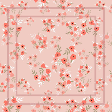 Print for kerchief, bandana, scarf, handkerchief, shawl, neck scarf. Squared pattern with ornament for fabric, textile, silk products. Paisley vector with abstract flowers. Floral folk traceryのイラスト素材