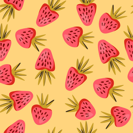 Seamless pattern with strawberry on color background. Natural delicious fresh ripe tasty fruit. Vector illustration for print, fabric, textile, banner, other design. Food conceptのイラスト素材