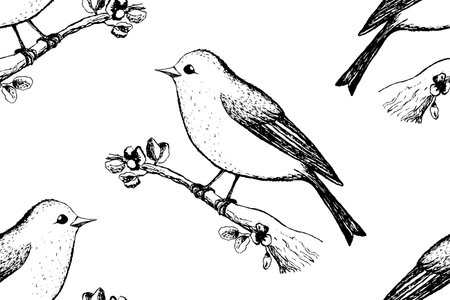 Seamless pattern with funny birds, flowers, leaves. Flat vector illustration with cartoon bird silhouette. Cute characters. Design for invitation, poster, card, textile, fabricのイラスト素材