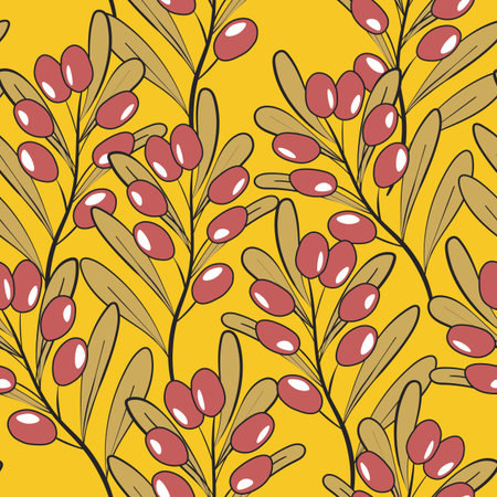 Seamless pattern with sea buckthorn. Natural fresh ripe tasty berries. Vector illustration for background, packaging, textile, fabric and various other designsのイラスト素材