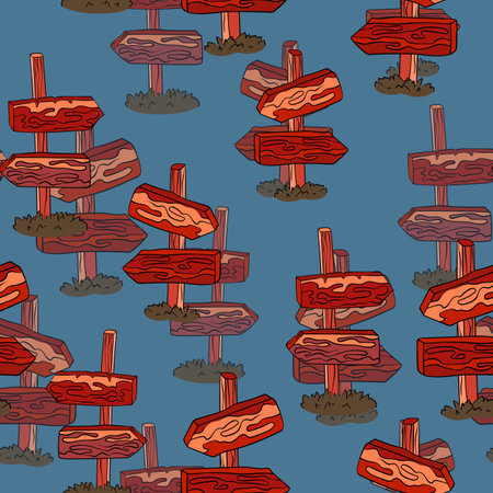 Seamless pattern with hand drawn road signs. Wooden signs with arrows. Nice design. Cartoon vector illustration for fabris, textileのイラスト素材