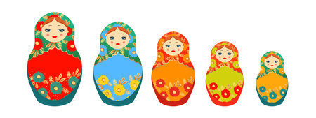Russian Matryoshka. Traditional Russian folklore dolls with big eyes and lips. Babushka doll with hohloma, traditional painted floral pattern. Set with hand drawn vector illustrationのイラスト素材