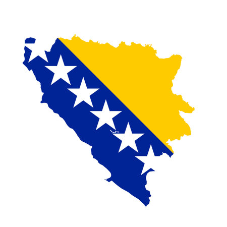Map of Bosnia and Herzegovina with flag, sign silhouette. Bosnian national symbol in official colors. Template icon. World Map Globe. Vector Illustration isolated on white background. Europe continentのイラスト素材